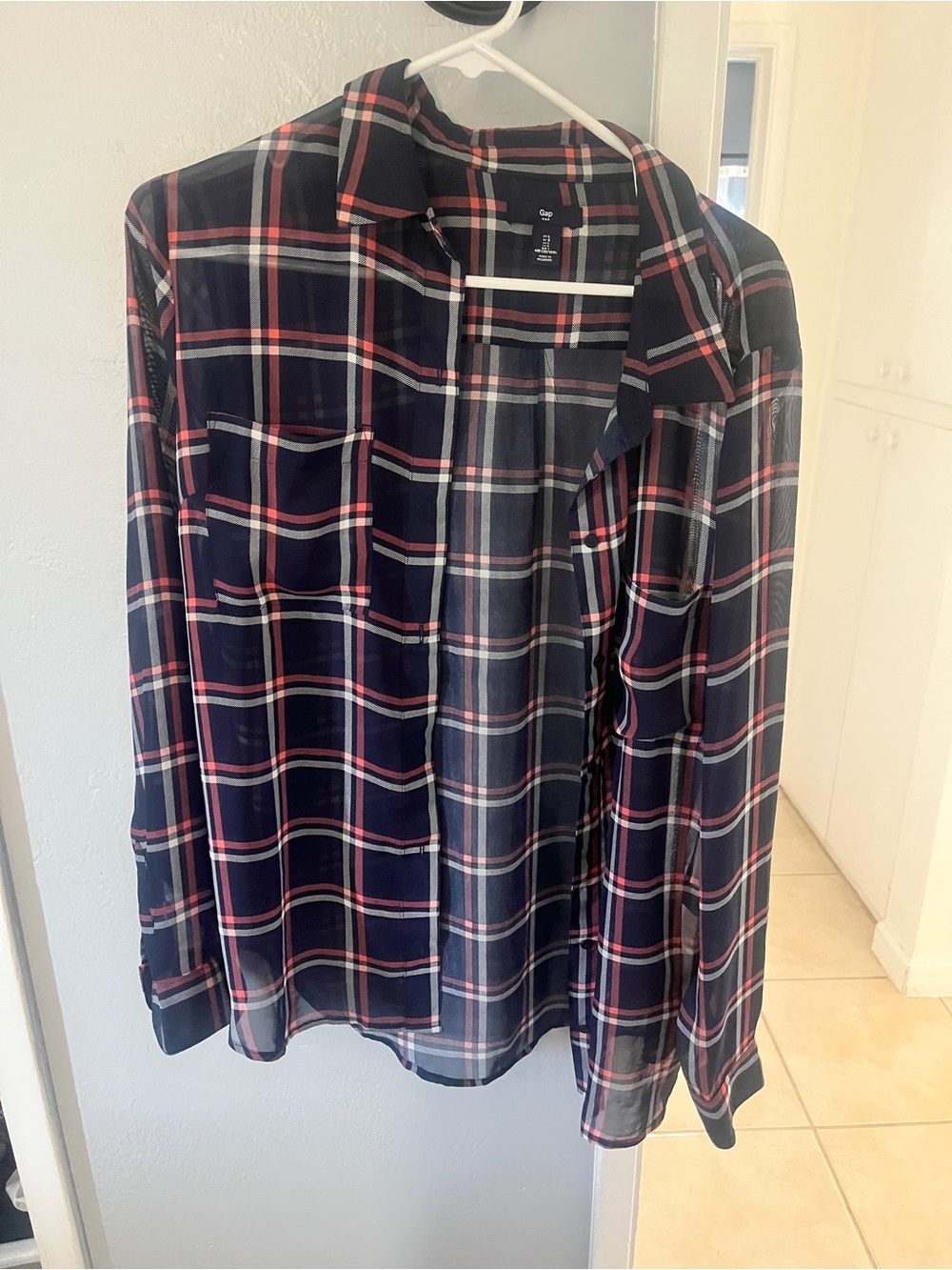 GAP Navy Plaid Women's Button-Front Blouse with Red and White Checks